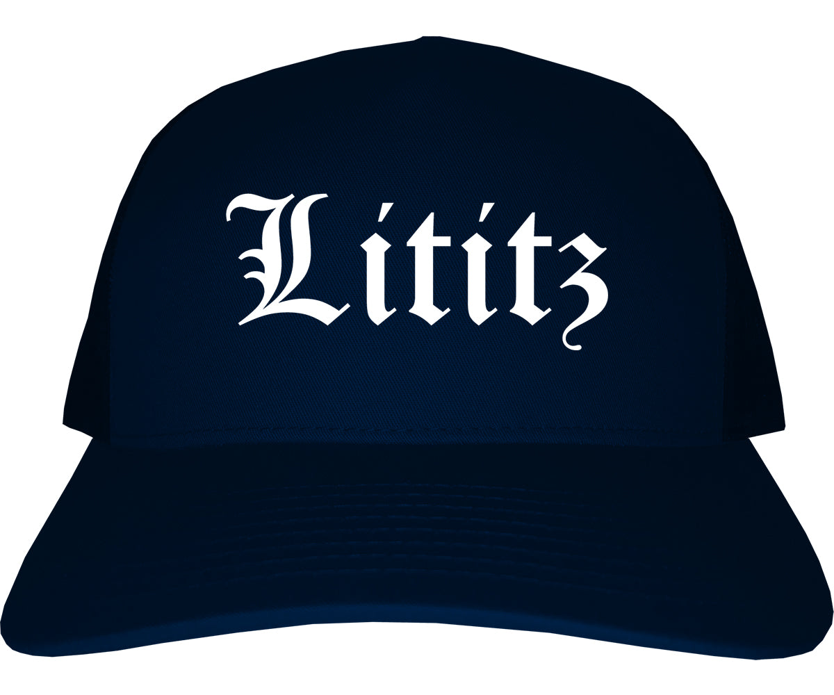 Lititz Pennsylvania PA Old English Mens Trucker Hat Cap Navy Blue