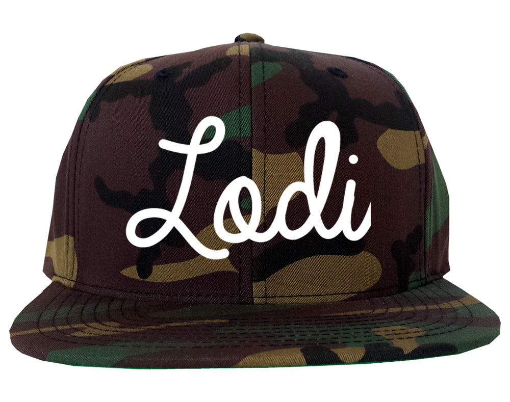 Lodi California CA Script Mens Snapback Hat Army Camo