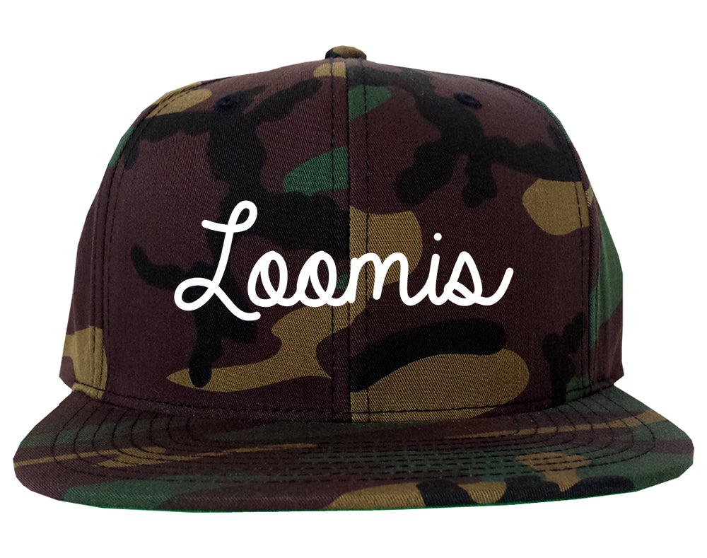 Loomis California CA Script Mens Snapback Hat Army Camo