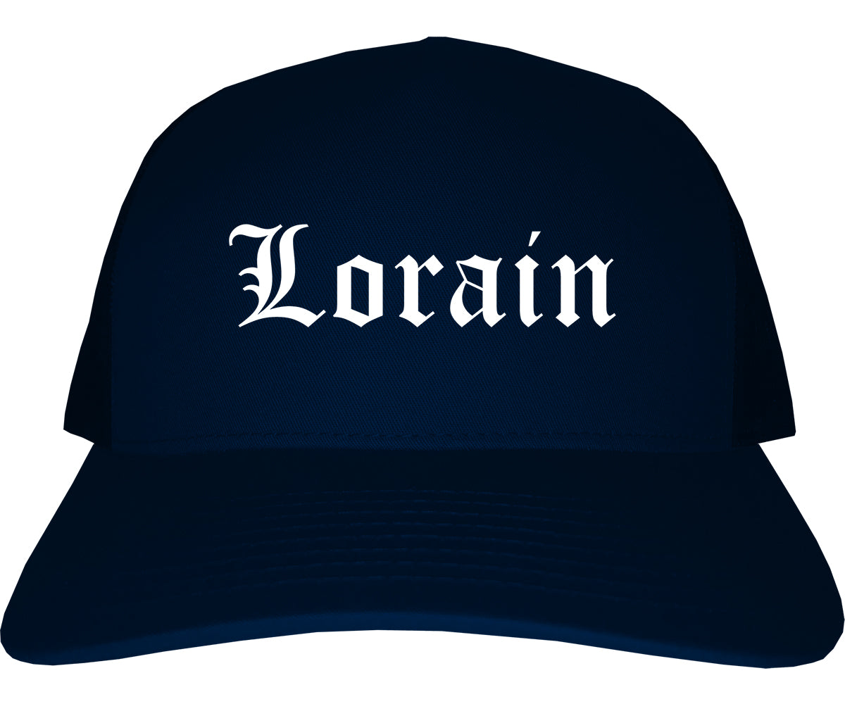 Lorain Ohio OH Old English Mens Trucker Hat Cap Navy Blue