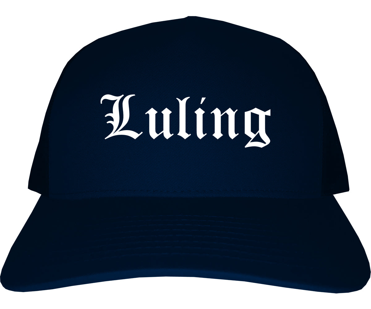 Luling Texas TX Old English Mens Trucker Hat Cap Navy Blue