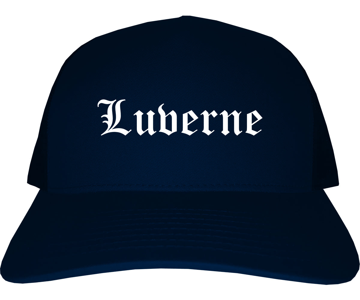 Luverne Minnesota MN Old English Mens Trucker Hat Cap Navy Blue