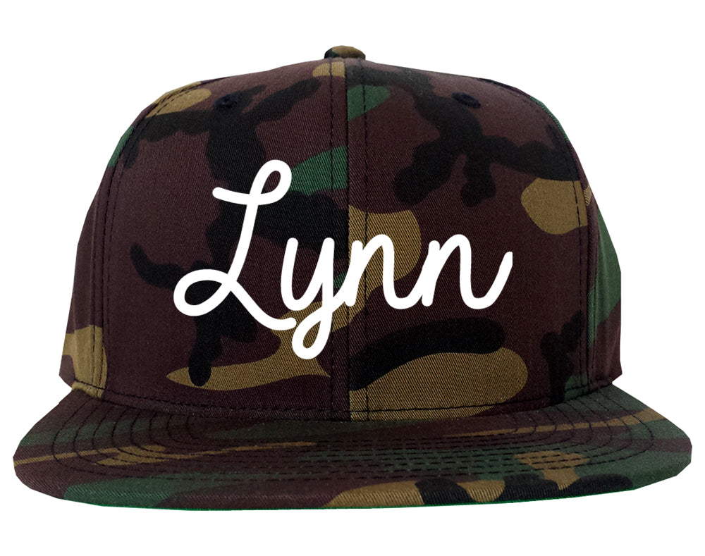 Lynn Massachusetts MA Script Mens Snapback Hat Army Camo