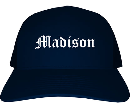 Madison Alabama AL Old English Mens Trucker Hat Cap Navy Blue