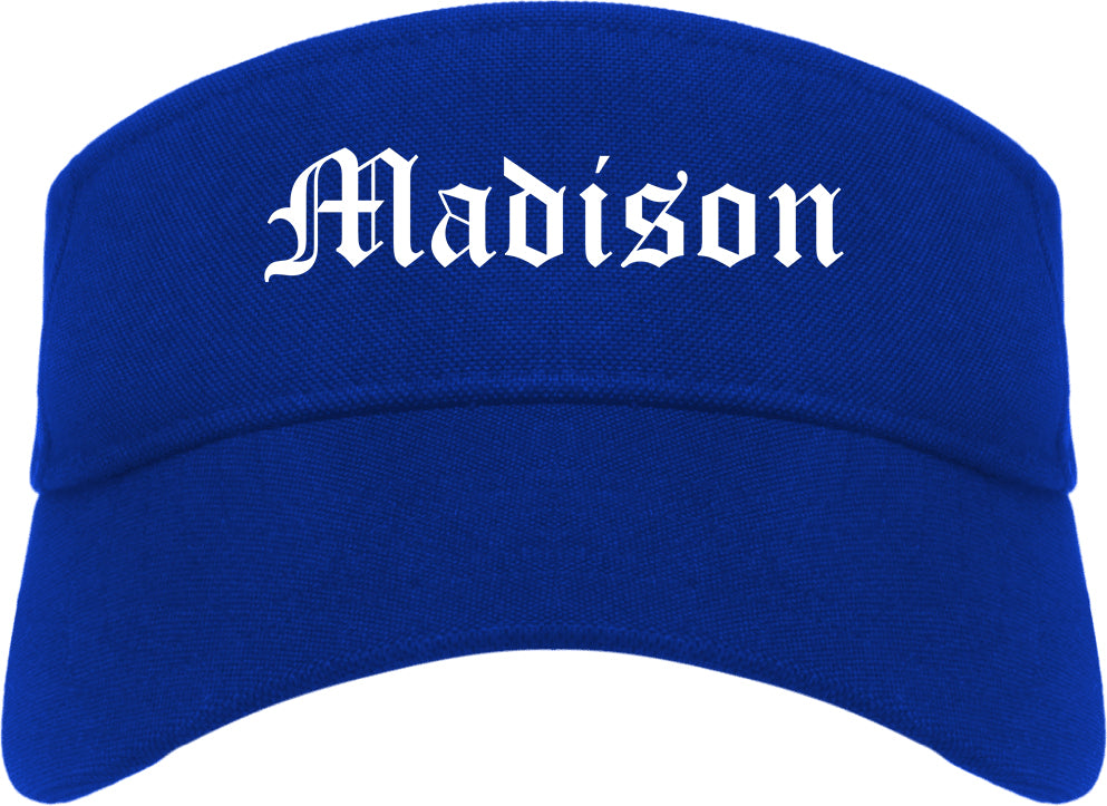 Madison South Dakota SD Old English Mens Visor Cap Hat Royal Blue