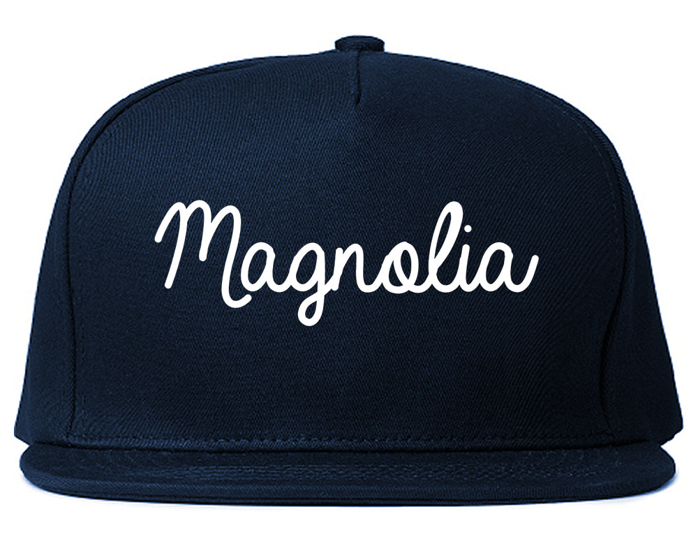 Magnolia Arkansas AR Script Mens Snapback Hat Navy Blue