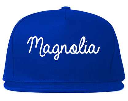 Magnolia Arkansas AR Script Mens Snapback Hat Royal Blue