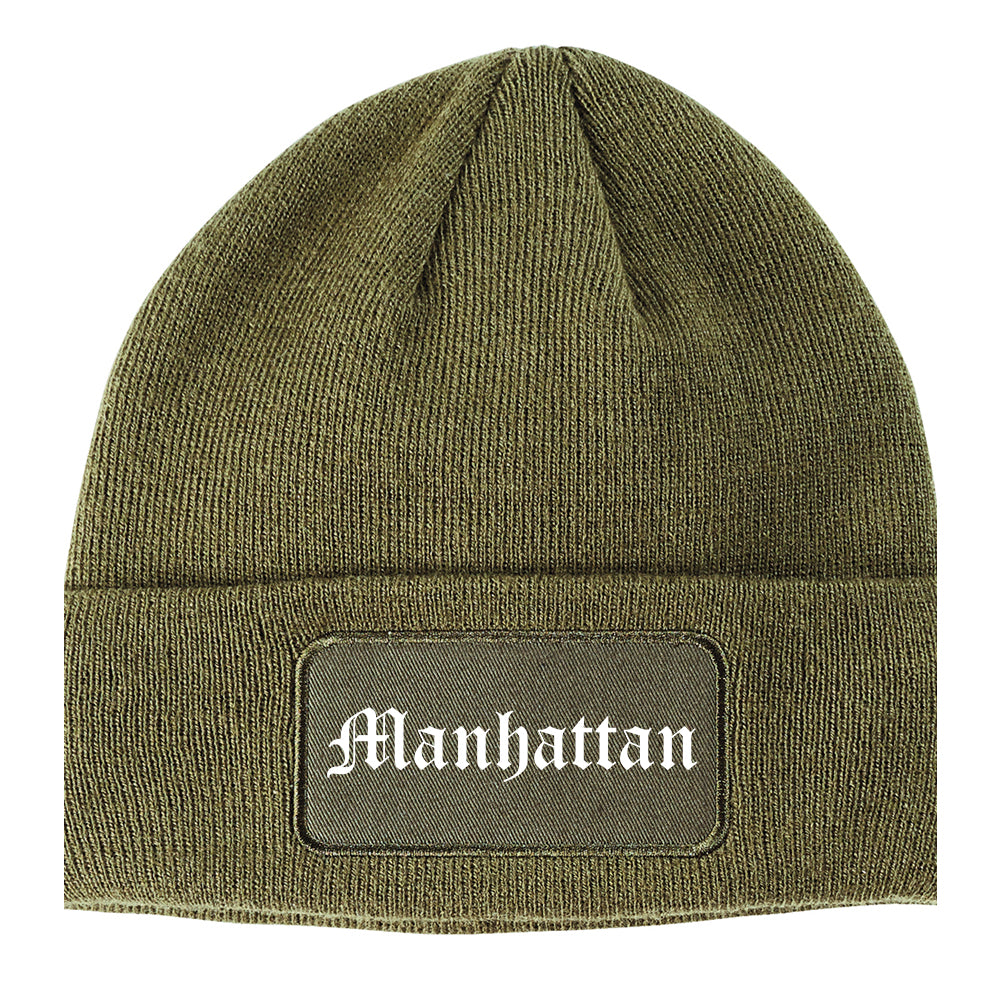 Manhattan Kansas KS Old English Mens Knit Beanie Hat Cap Olive Green