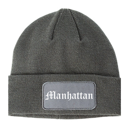Manhattan Kansas KS Old English Mens Knit Beanie Hat Cap Grey