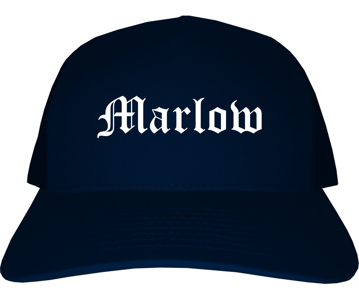 Marlow Oklahoma OK Old English Mens Trucker Hat Cap Navy Blue
