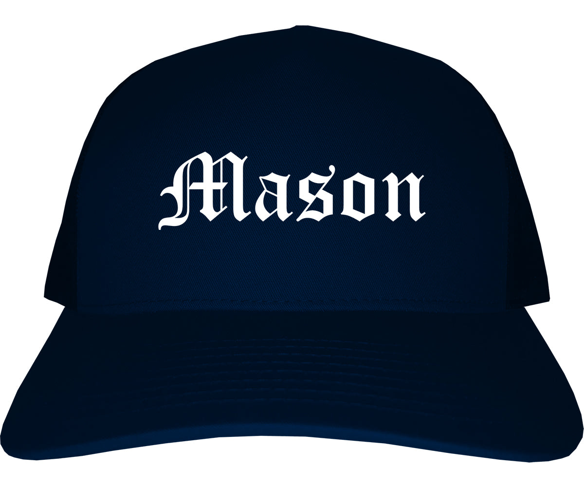 Mason Michigan MI Old English Mens Trucker Hat Cap Navy Blue