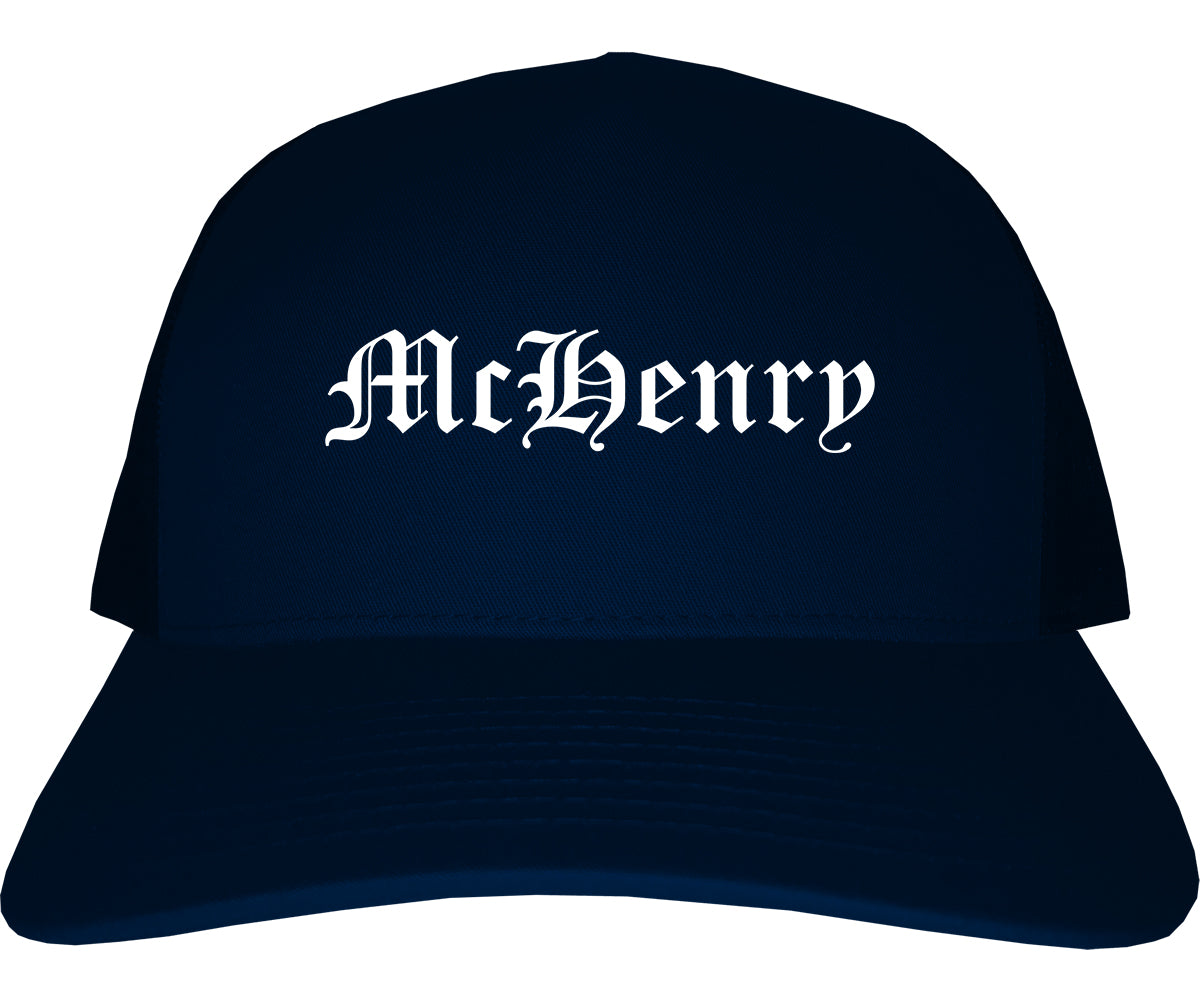 McHenry Illinois IL Old English Mens Trucker Hat Cap Navy Blue