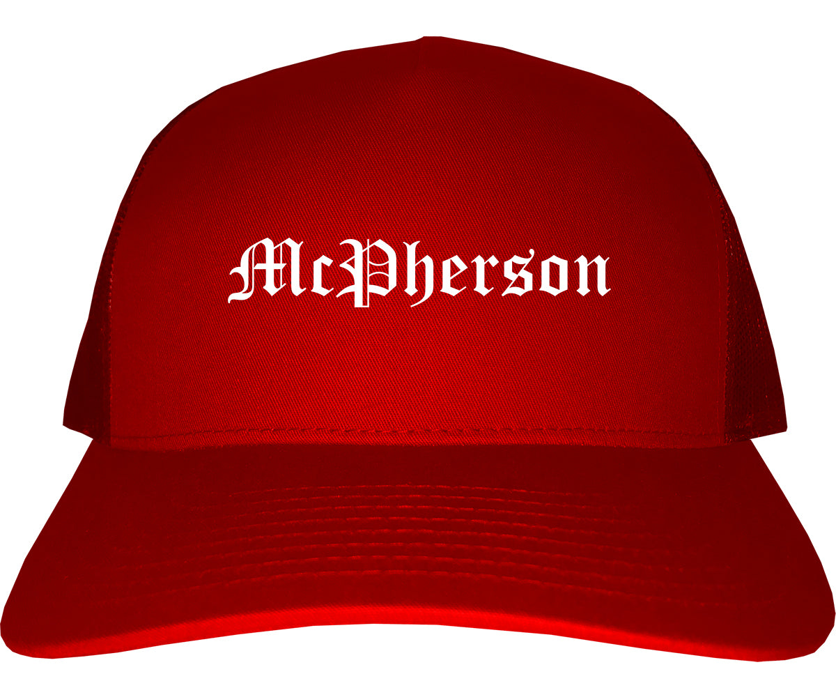 McPherson Kansas KS Old English Mens Trucker Hat Cap Red