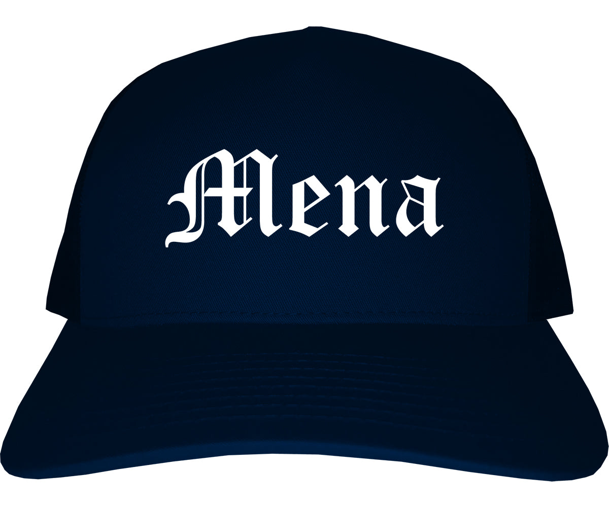 Mena Arkansas AR Old English Mens Trucker Hat Cap Navy Blue