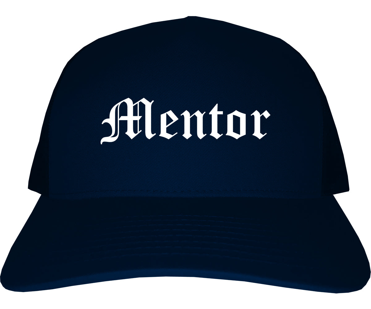 Mentor Ohio OH Old English Mens Trucker Hat Cap Navy Blue