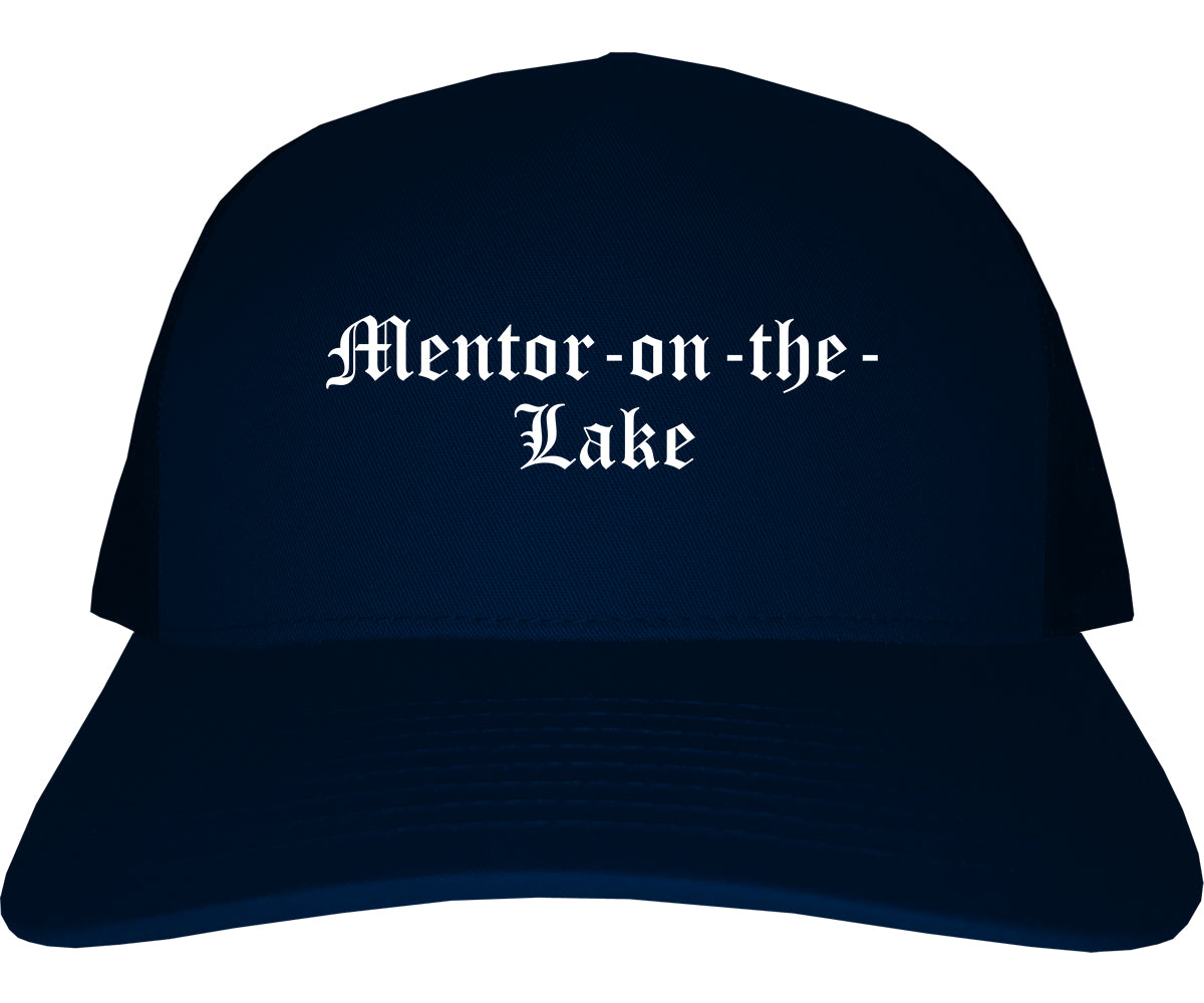 Mentor on the Lake Ohio OH Old English Mens Trucker Hat Cap Navy Blue