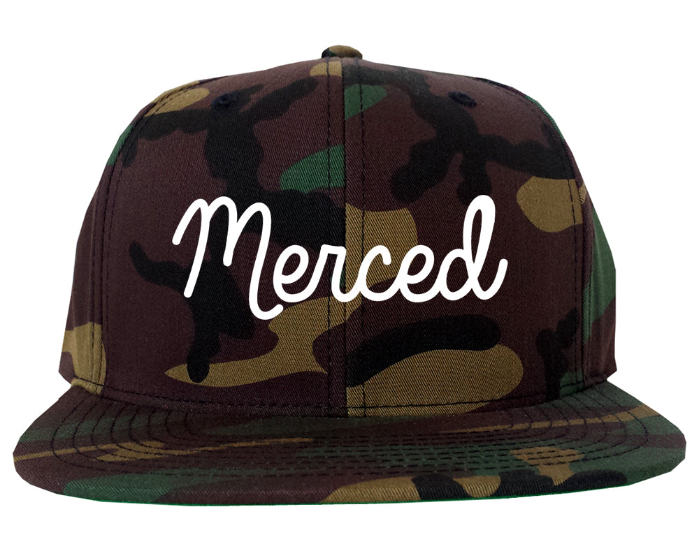 Merced California CA Script Mens Snapback Hat Army Camo