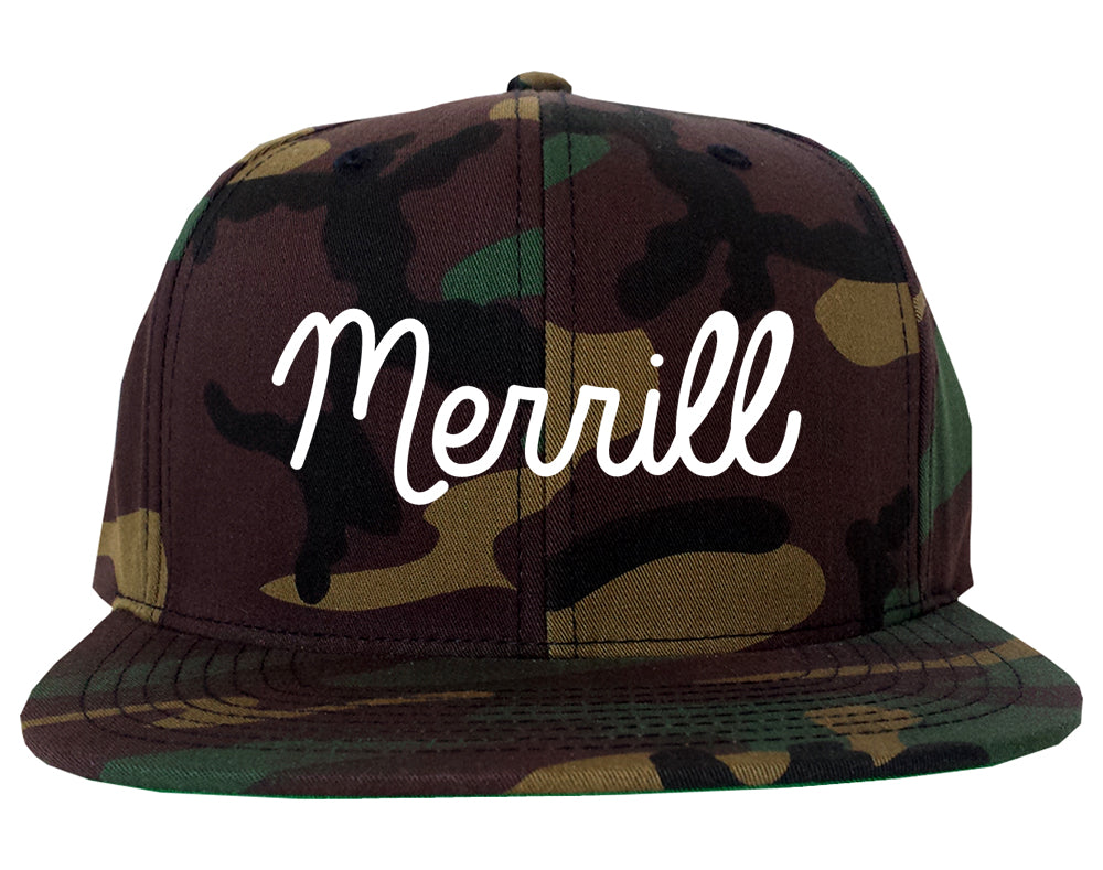 Merrill Wisconsin WI Script Mens Snapback Hat Army Camo