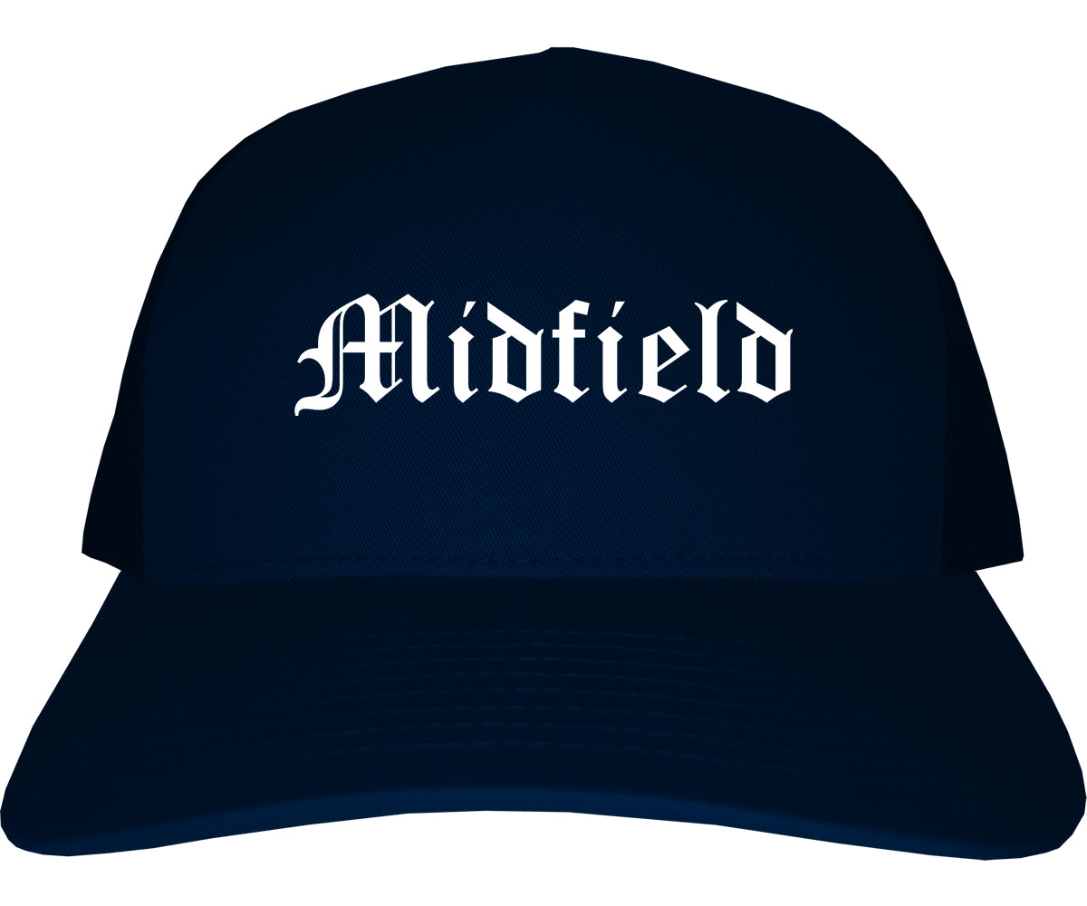 Midfield Alabama AL Old English Mens Trucker Hat Cap Navy Blue