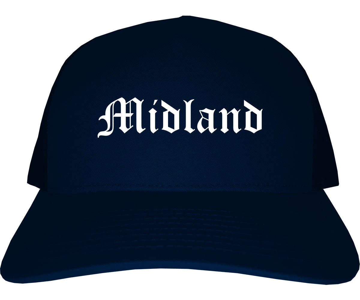 Midland Michigan MI Old English Mens Trucker Hat Cap Navy Blue