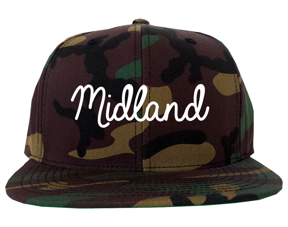 Midland Michigan MI Script Mens Snapback Hat Army Camo