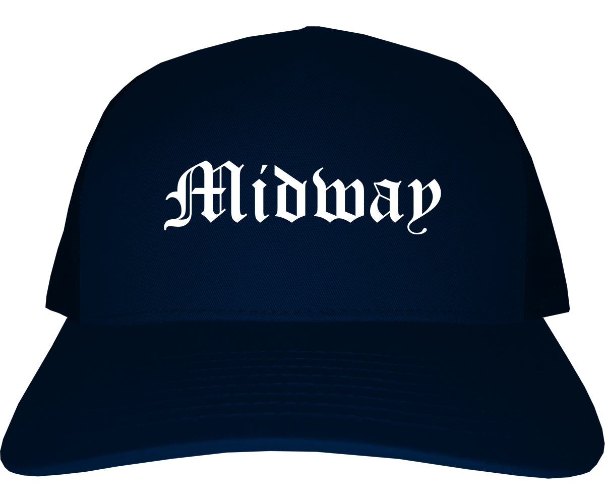 Midway North Carolina NC Old English Mens Trucker Hat Cap Navy Blue