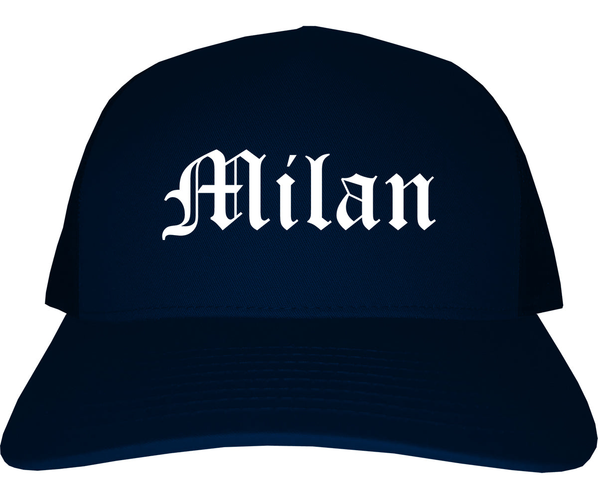 Milan Michigan MI Old English Mens Trucker Hat Cap Navy Blue