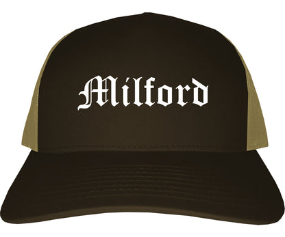 Milford Delaware DE Old English Mens Trucker Hat Cap Brown