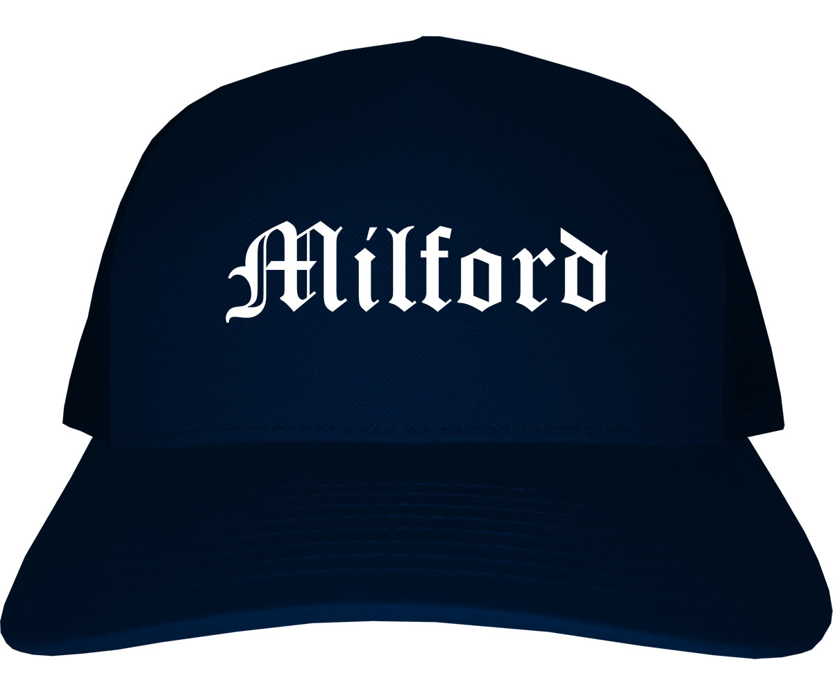 Milford Michigan MI Old English Mens Trucker Hat Cap Navy Blue
