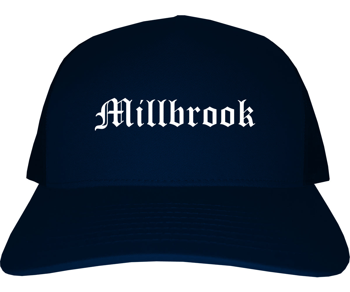 Millbrook Alabama AL Old English Mens Trucker Hat Cap Navy Blue
