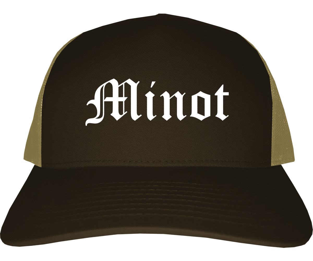 Minot North Dakota ND Old English Mens Trucker Hat Cap Brown