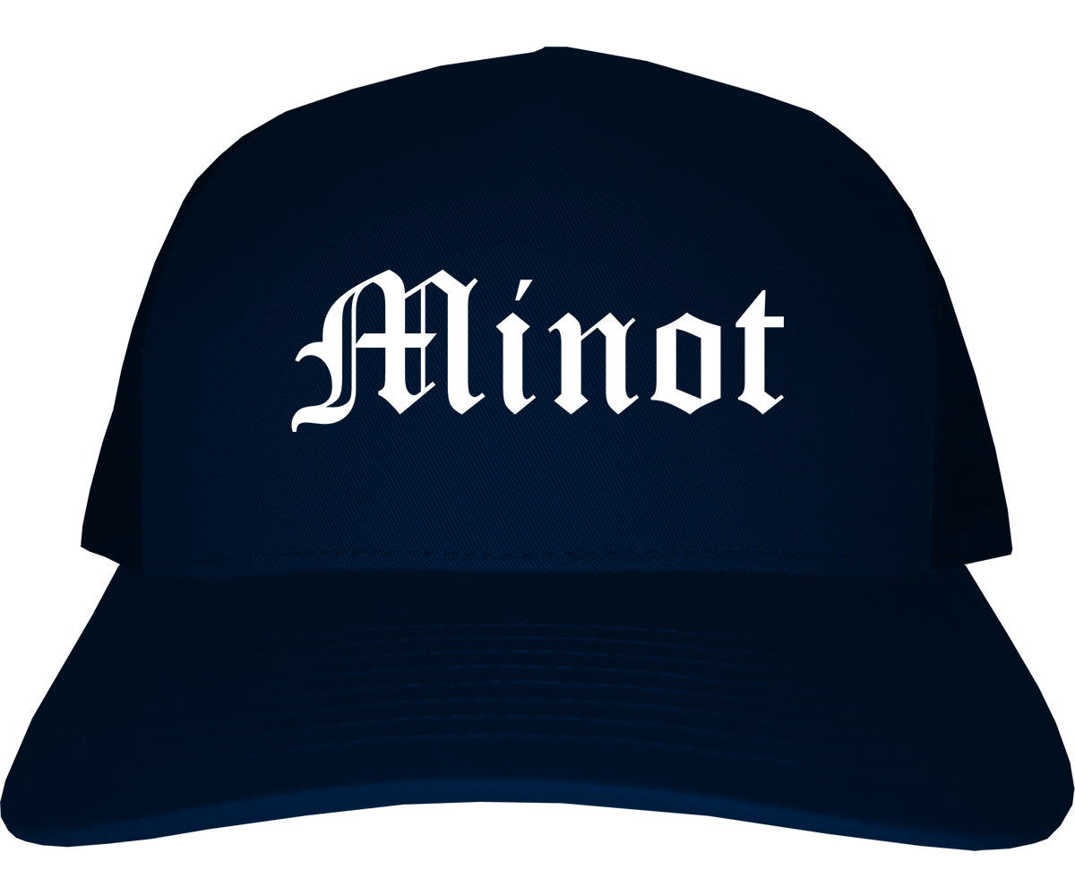 Minot North Dakota ND Old English Mens Trucker Hat Cap Navy Blue