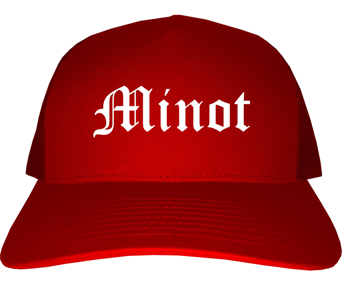 Minot North Dakota ND Old English Mens Trucker Hat Cap Red