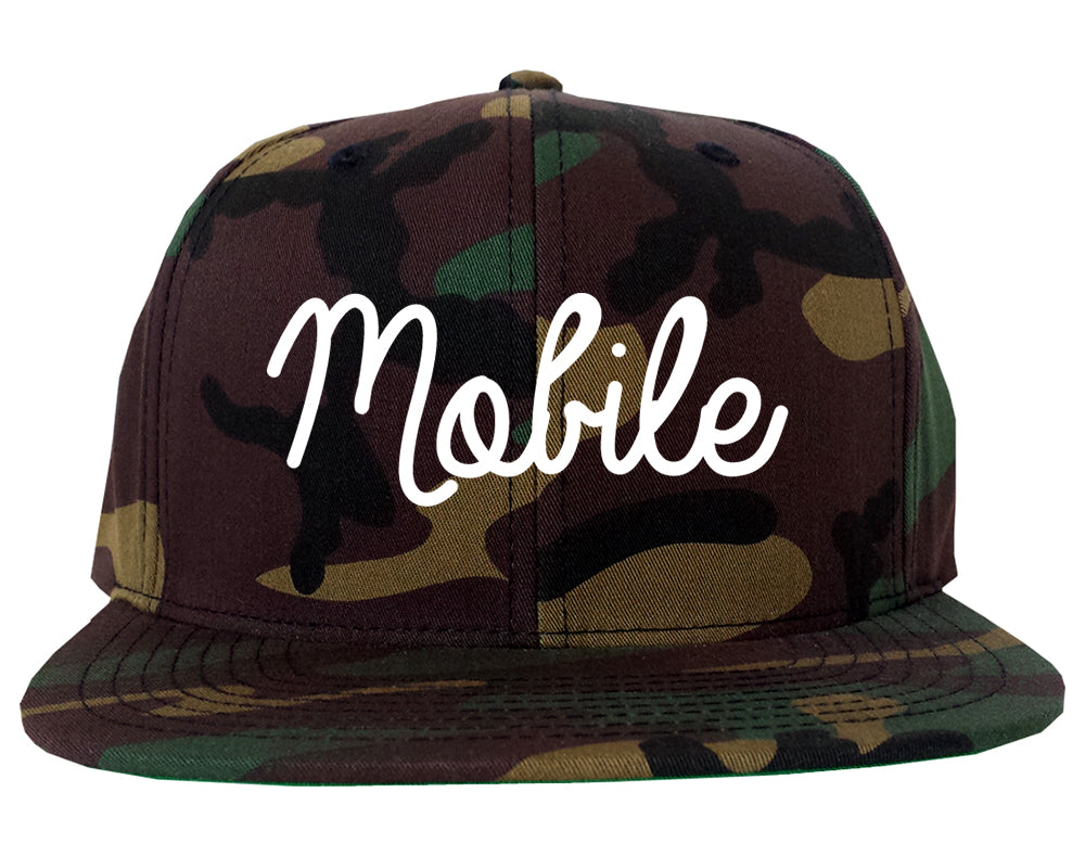 Mobile Alabama AL Script Mens Snapback Hat Army Camo