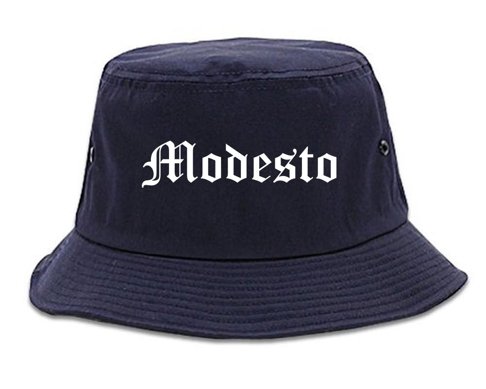 Modesto California CA Old English Mens Bucket Hat Navy Blue
