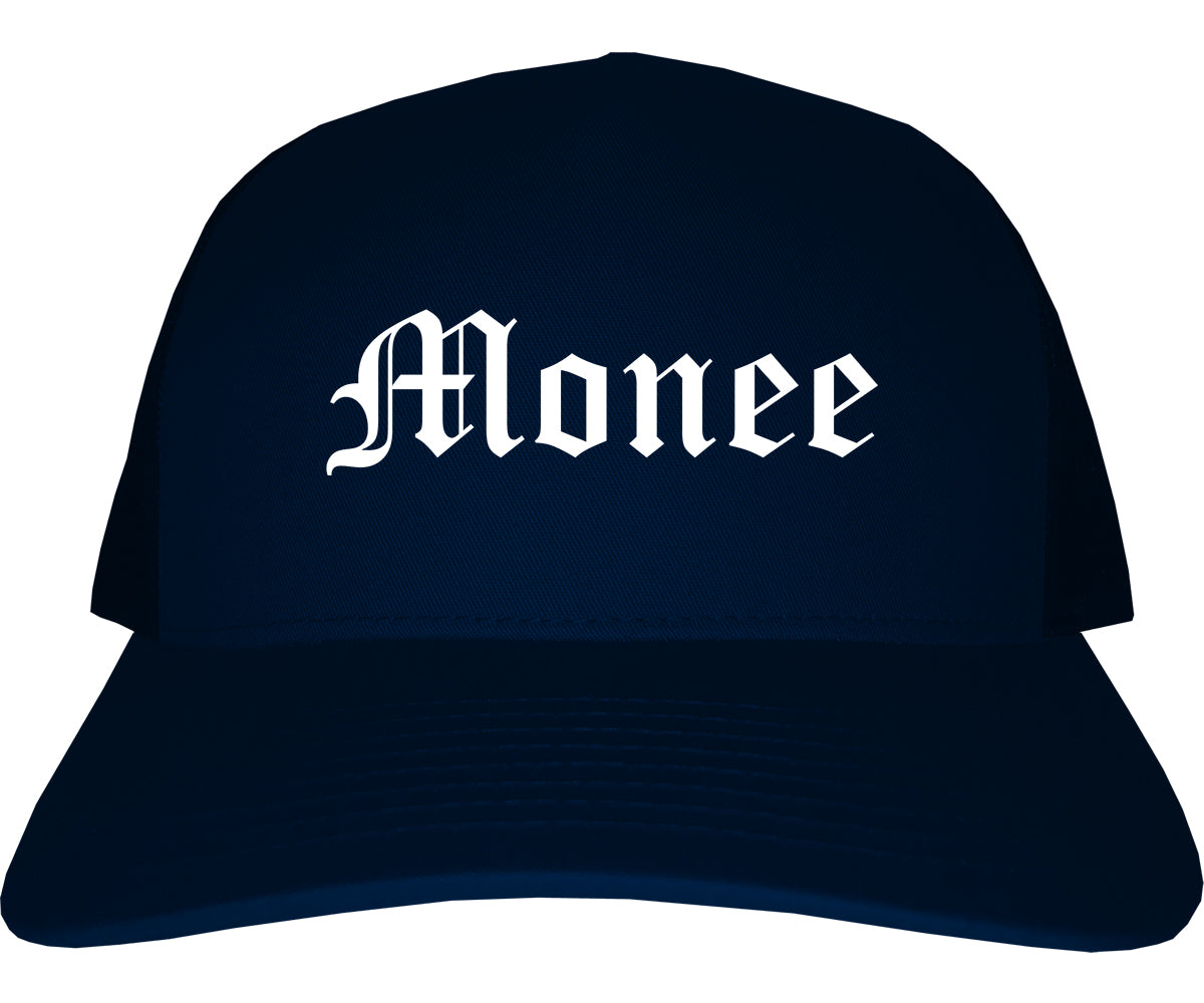 Monee Illinois IL Old English Mens Trucker Hat Cap Navy Blue