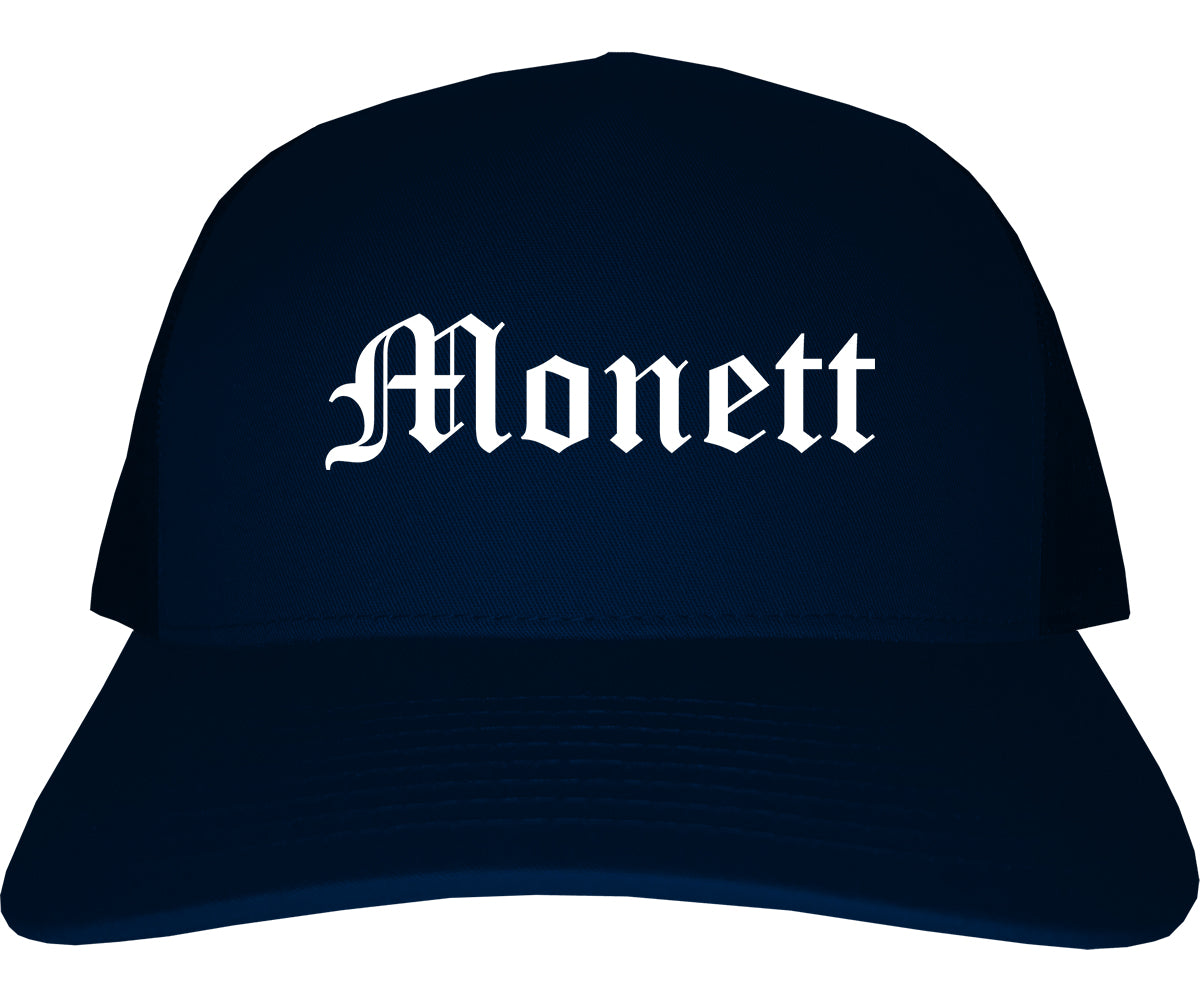 Monett Missouri MO Old English Mens Trucker Hat Cap Navy Blue