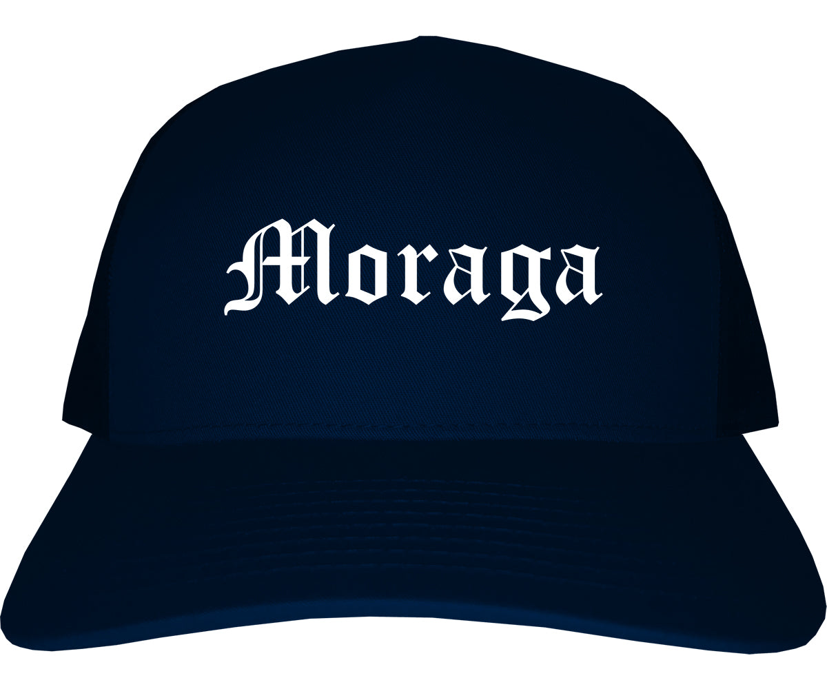 Moraga California CA Old English Mens Trucker Hat Cap Navy Blue