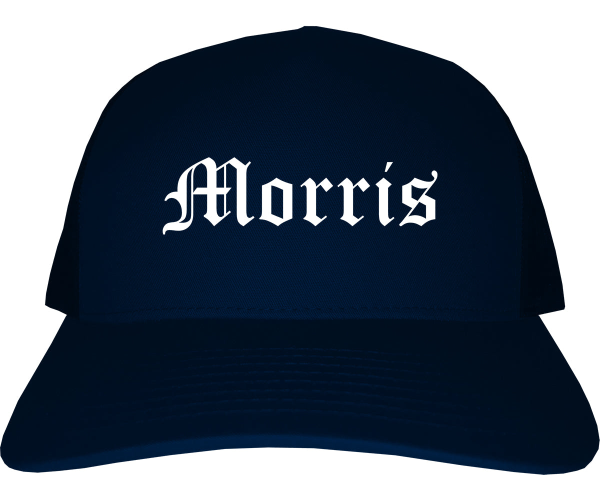 Morris Illinois IL Old English Mens Trucker Hat Cap Navy Blue