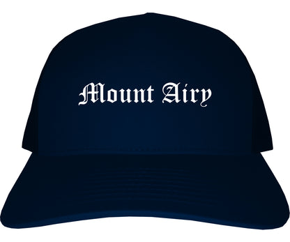 Mount Airy North Carolina NC Old English Mens Trucker Hat Cap Navy Blue