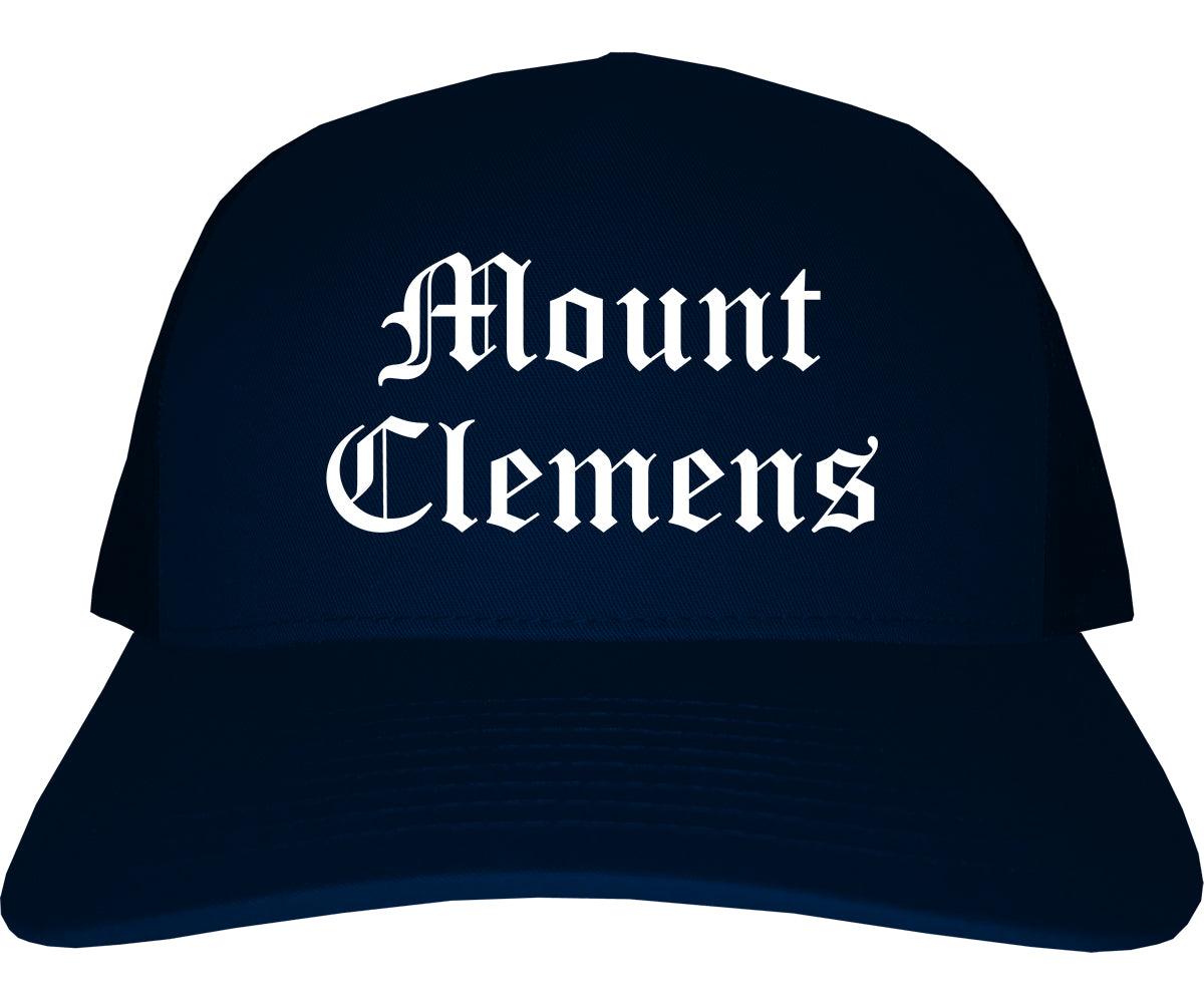 Mount Clemens Michigan MI Old English Mens Trucker Hat Cap Navy Blue