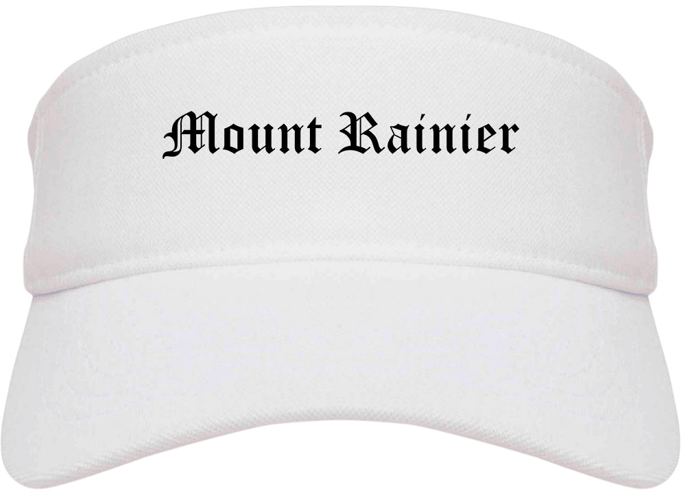 Mount Rainier Maryland MD Old English Mens Visor Cap Hat White