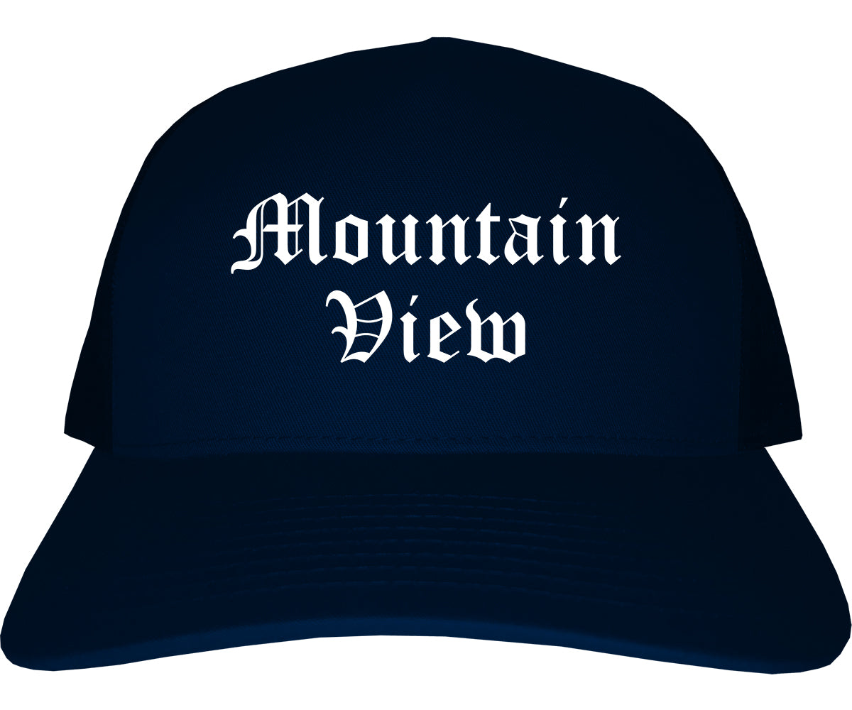 Mountain View California CA Old English Mens Trucker Hat Cap Navy Blue
