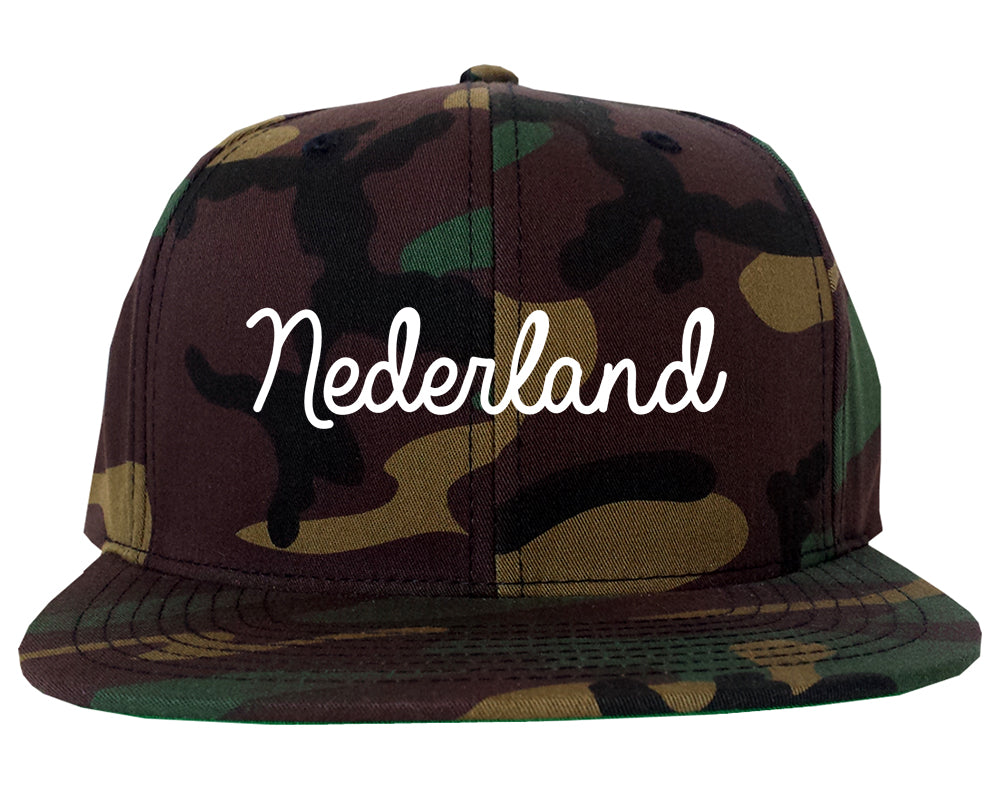 Nederland Texas TX Script Mens Snapback Hat Army Camo