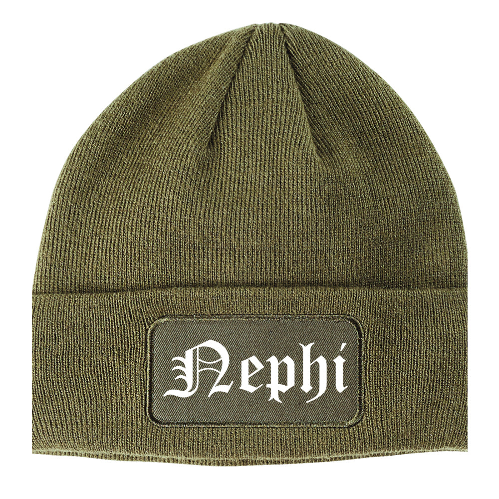 Nephi Utah UT Old English Mens Knit Beanie Hat Cap Olive Green