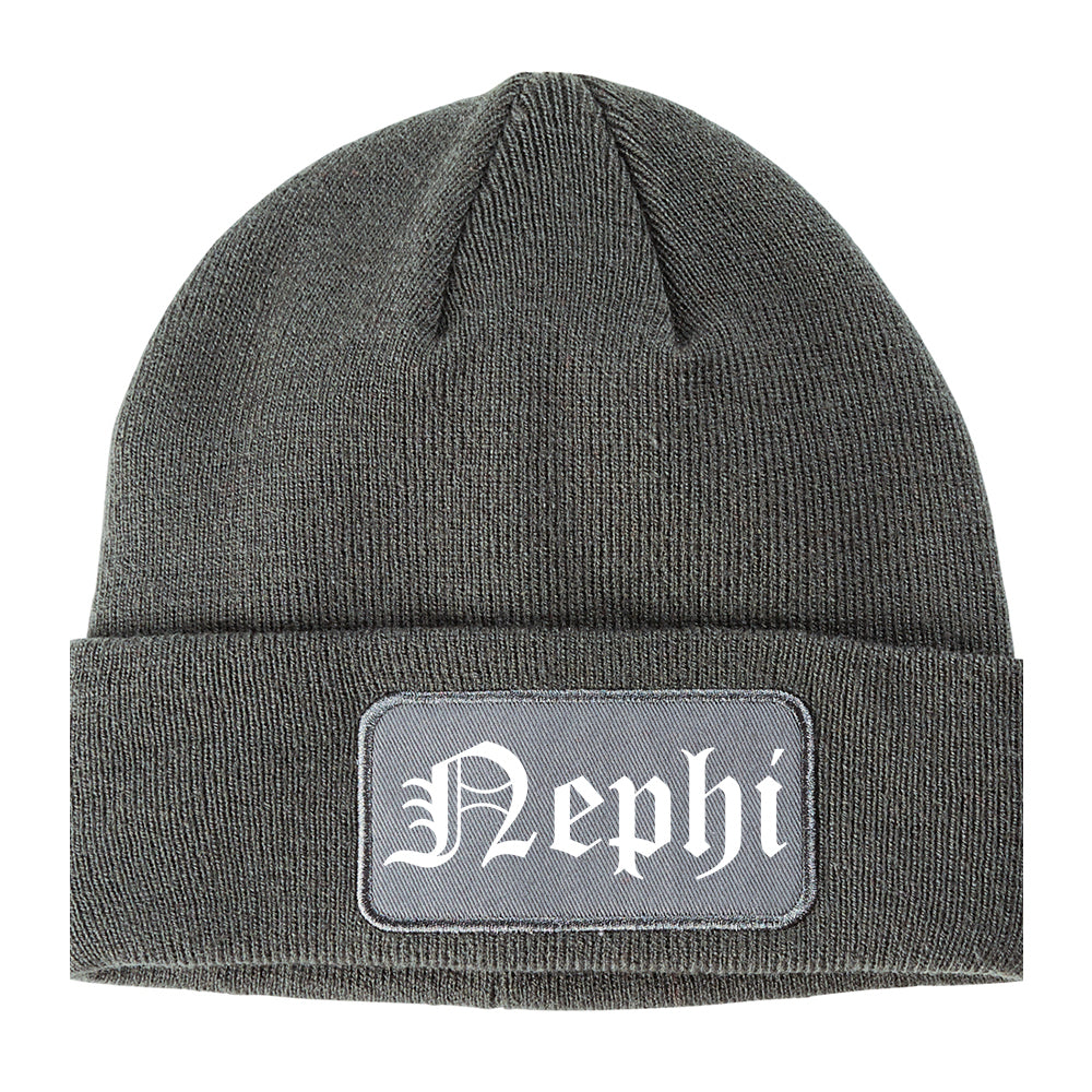 Nephi Utah UT Old English Mens Knit Beanie Hat Cap Grey
