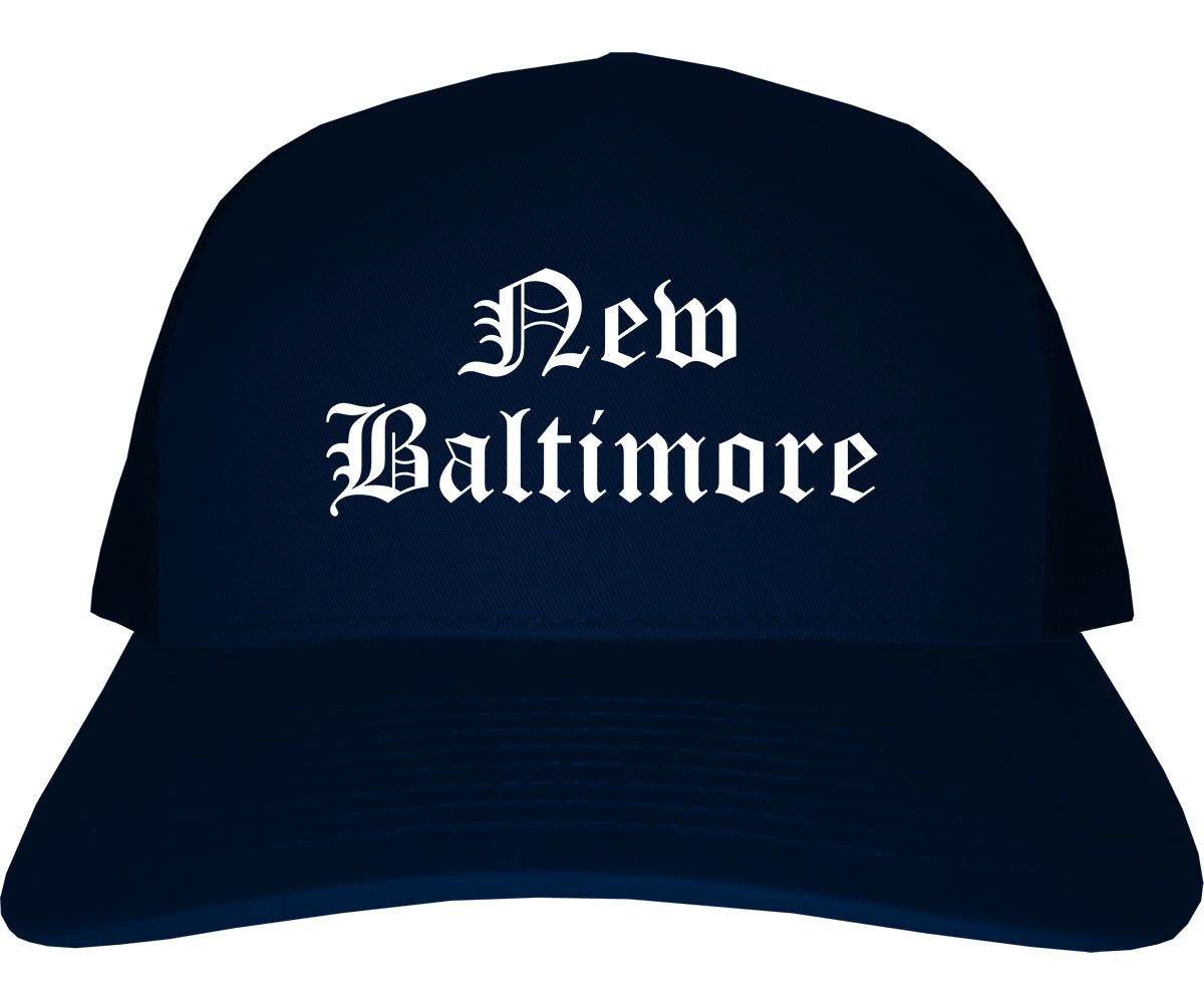 New Baltimore Michigan MI Old English Mens Trucker Hat Cap Navy Blue