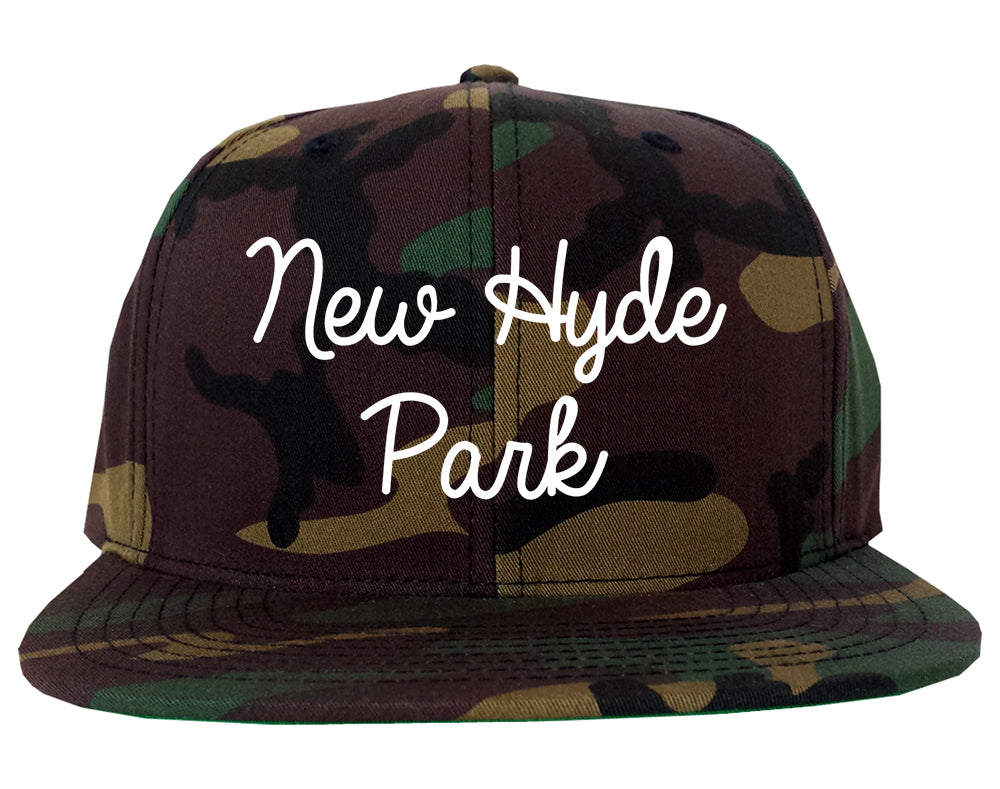 New Hyde Park New York NY Script Mens Snapback Hat Army Camo