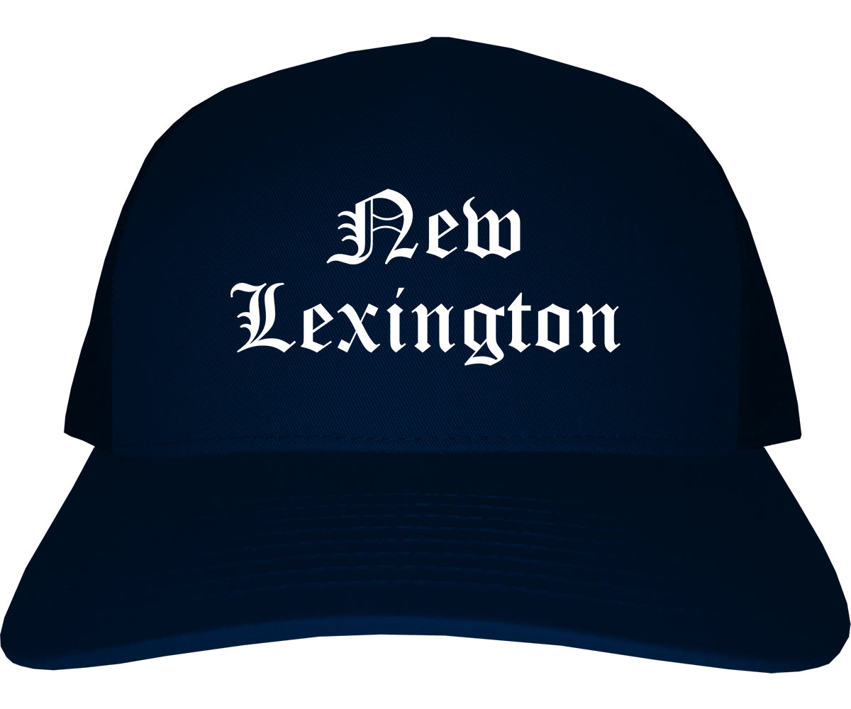 New Lexington Ohio OH Old English Mens Trucker Hat Cap Navy Blue