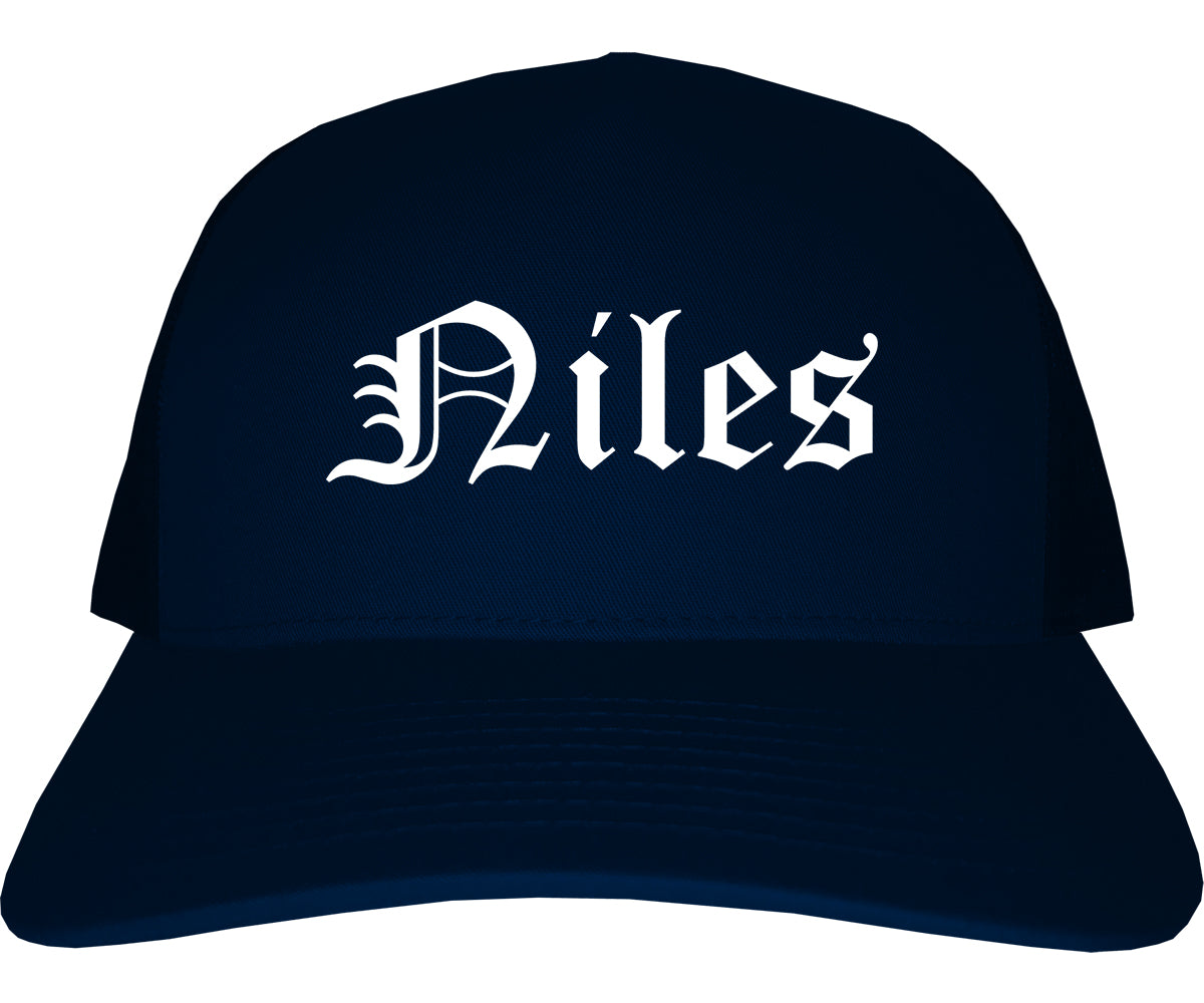 Niles Michigan MI Old English Mens Trucker Hat Cap Navy Blue
